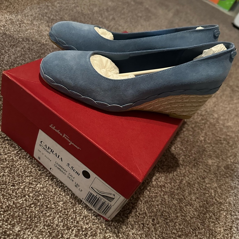 Salvatore Ferragamo Blue Suede Wedges